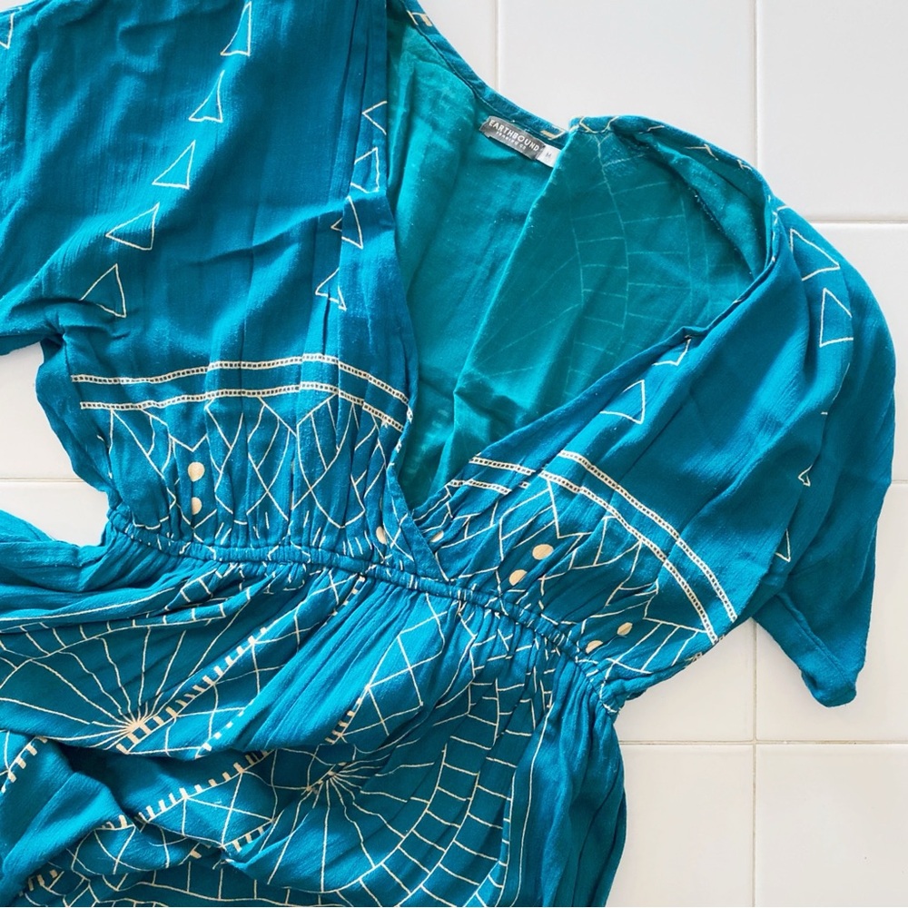 Earthbound Trading Co - Teal Geometric Patterned Maxi Dress
